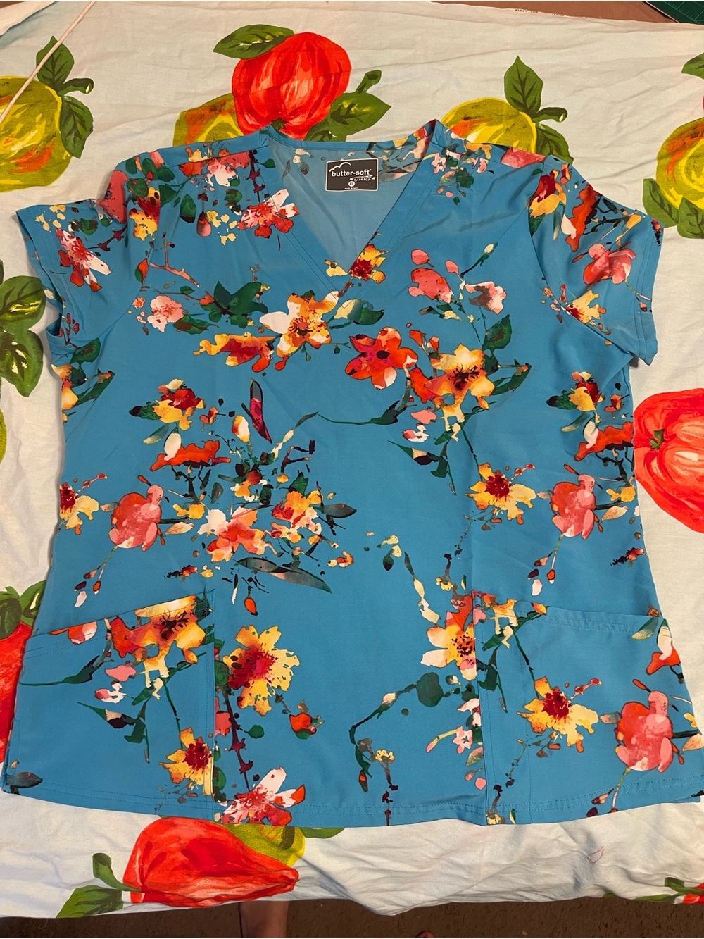 Butter-Soft Floral V-Neck Short Sleeve Top - Blue